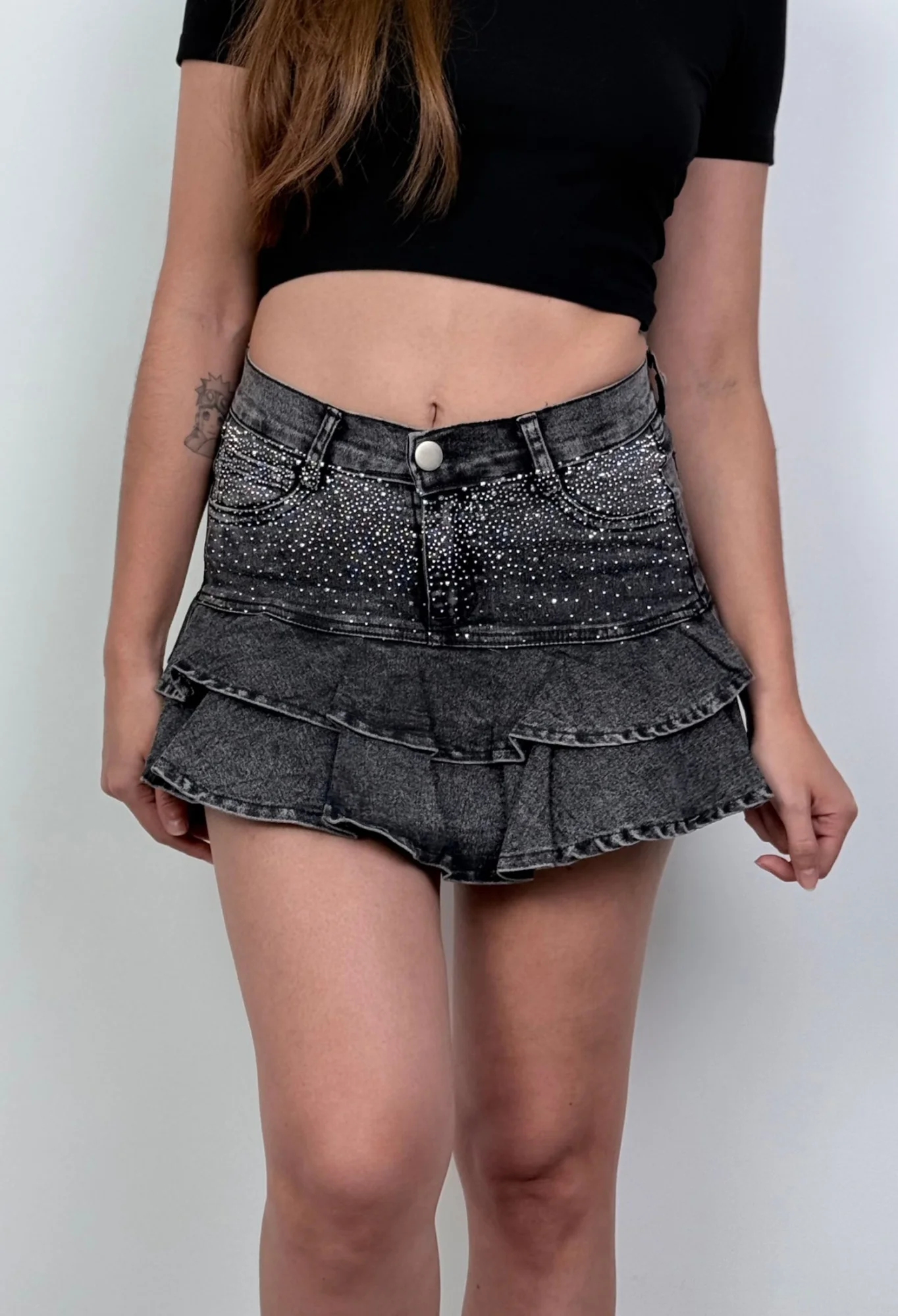 MIL569 - POLLERA MINI VOLADO STRASS ELASTIZADO